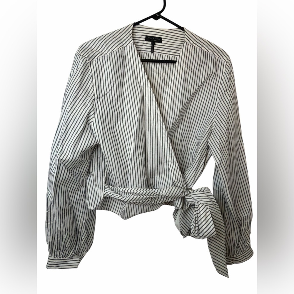 RAG & BONE Prescott Linen Tie Front Blouse Stripe Black White NWOT